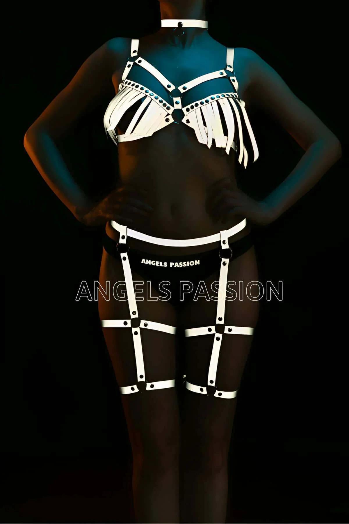 Reflective Full Body Harness with Fringe Bra and Garter Straps