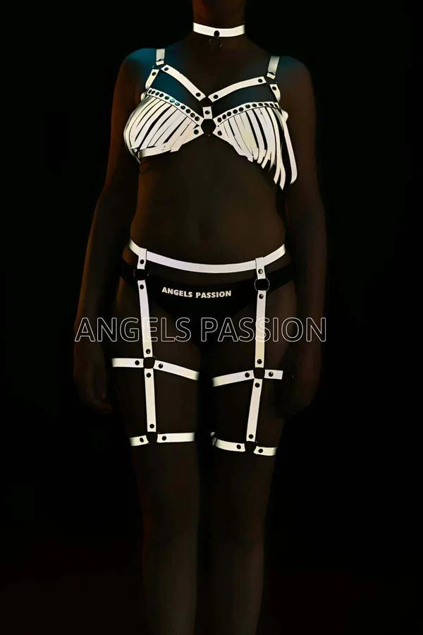 Reflective Full Body Harness with Fringe Bra and Garter Straps