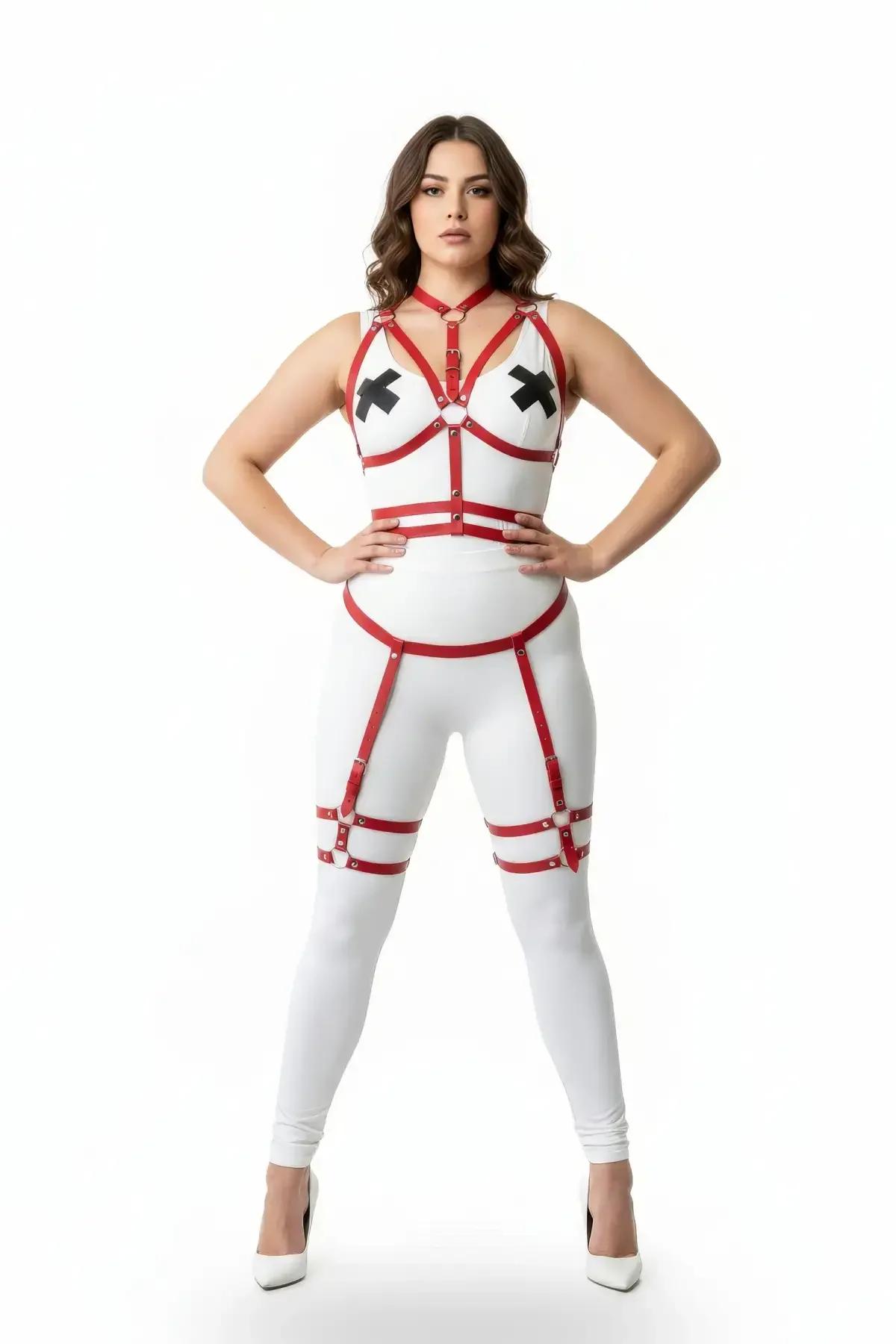 Red Strappy Body Harness Set with Garter Thigh Straps