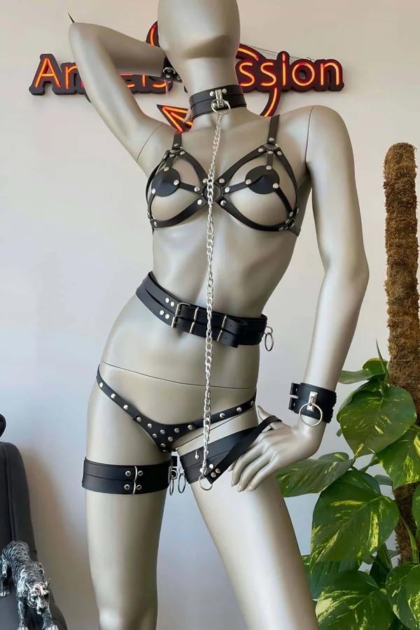 Adjustable Faux Leather Full Body Harness with Cuffs & Thigh Straps