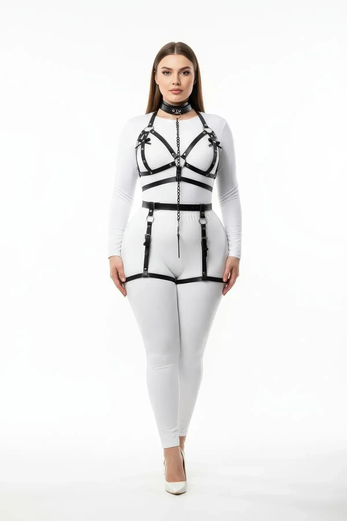 Full Body Faux Leather Harness with Choker and Leg Garters