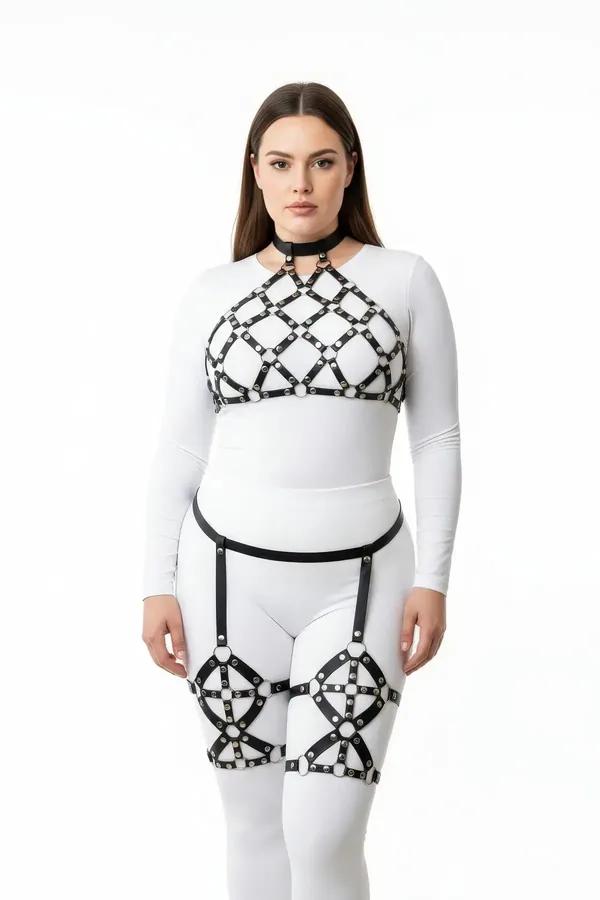 Caged Full Body Harness Set with Choker & Thigh Garters