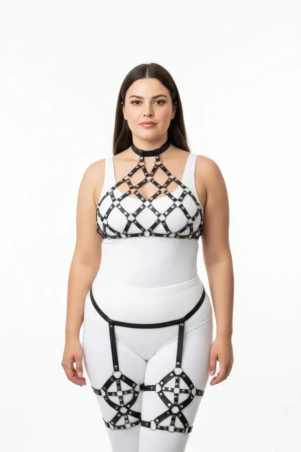 Caged Full Body Harness Set with Choker & Thigh Garters