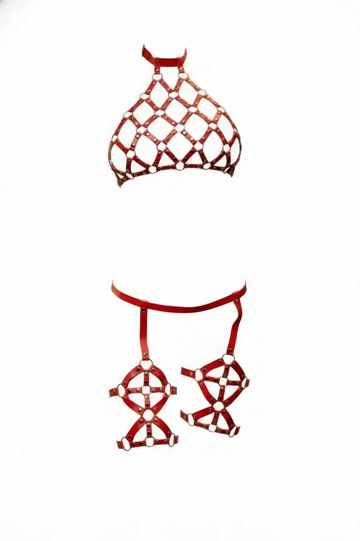 Red Vegan Leather Caged Harness Bra & Thigh Garters