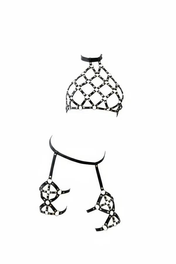 Caged Harness Set with O-Ring Halter Top and Leg Garters