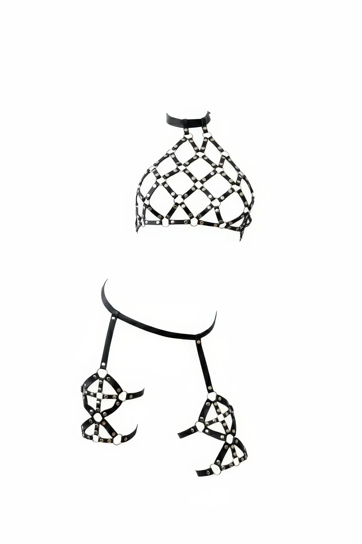 Caged Harness Set with O-Ring Halter Top and Leg Garters