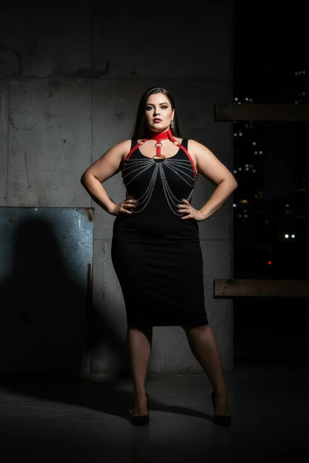 Red Faux Leather Chain Body Harness with Choker Detail