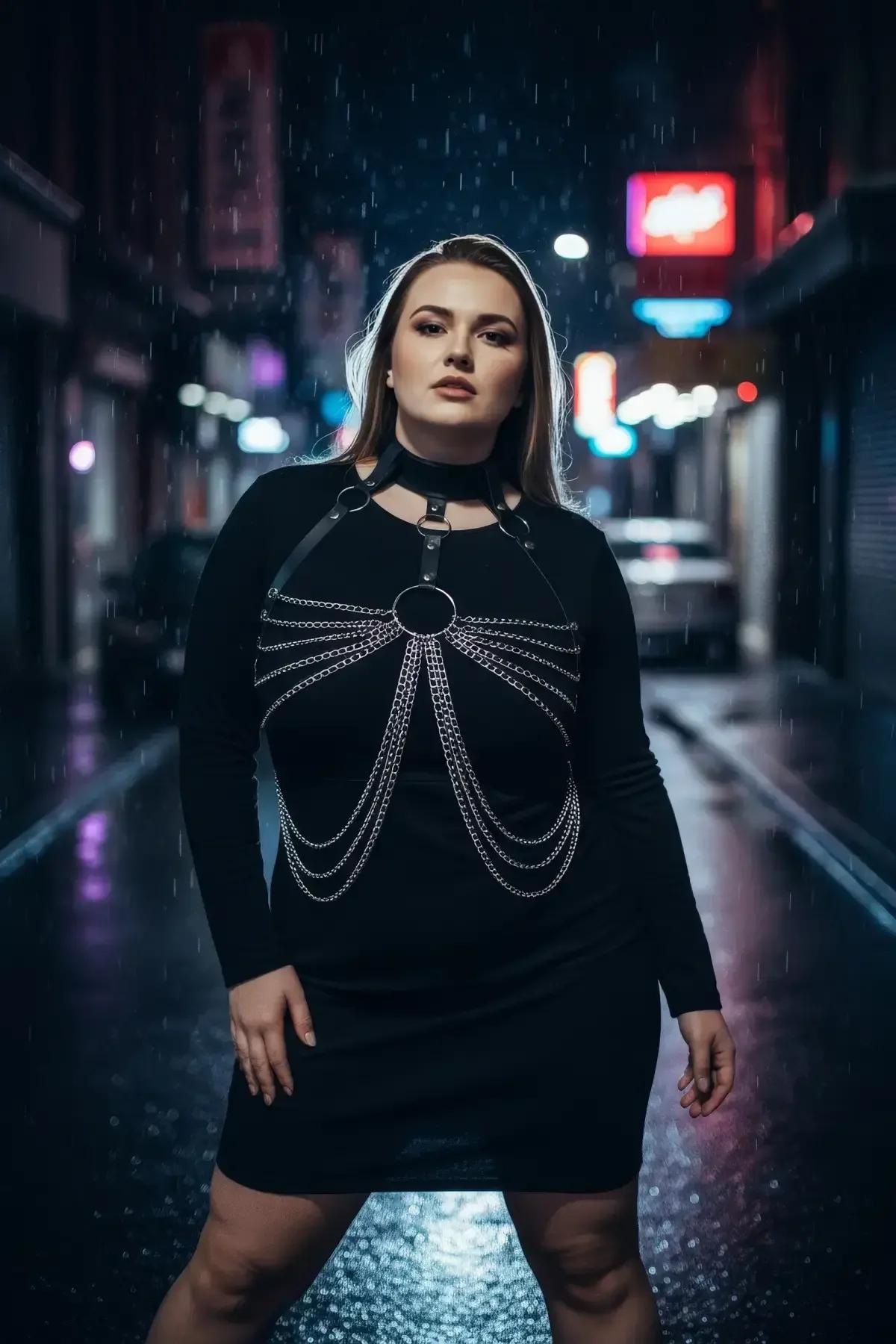 Black Faux Leather Chain Body Harness with Choker