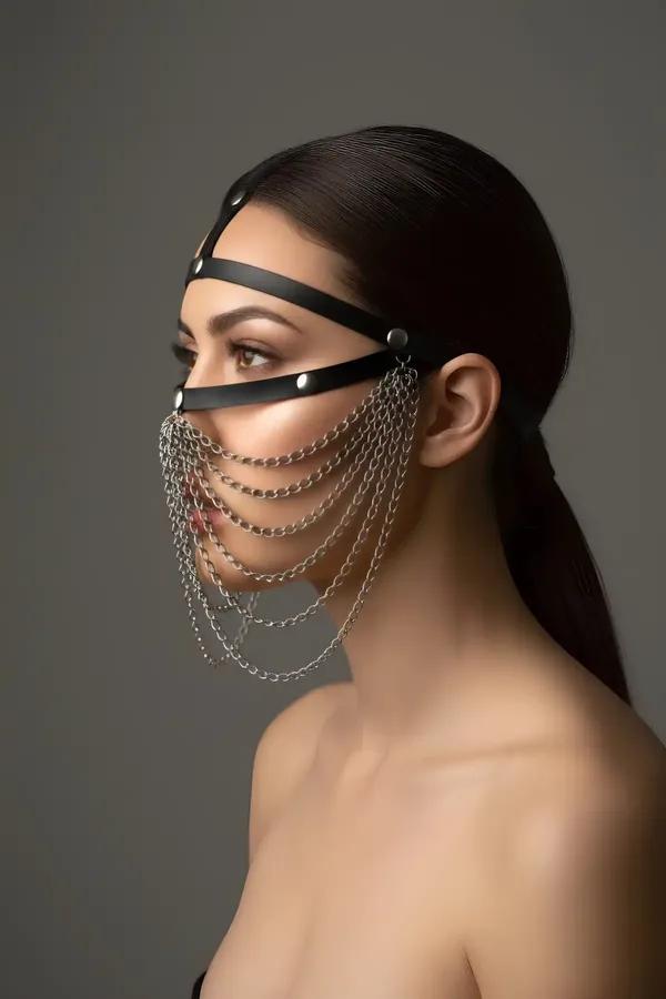 Faux Leather Face Harness with Draping Silver Chains