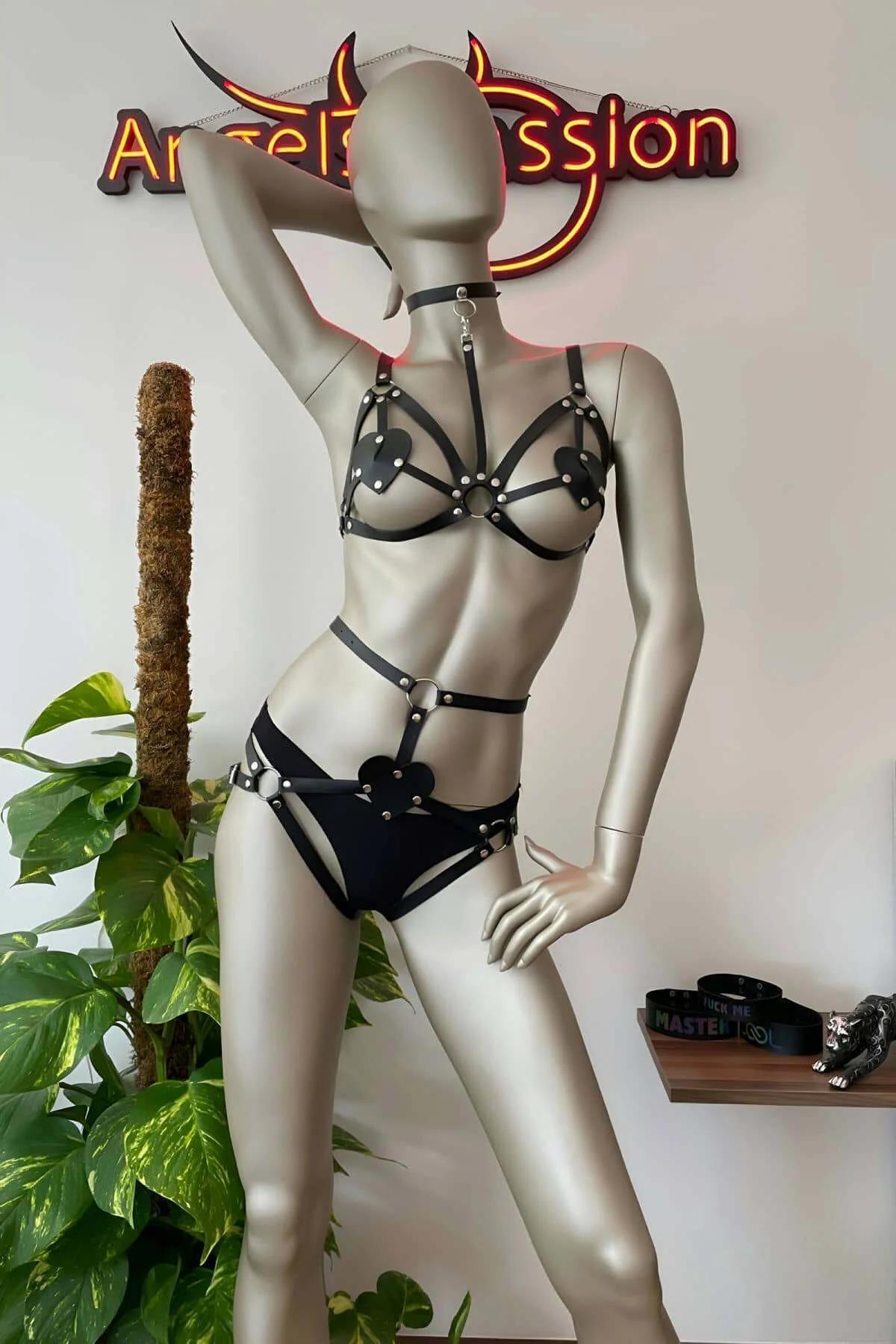 Faux Leather Harness Set with Heart Accents & Choker
