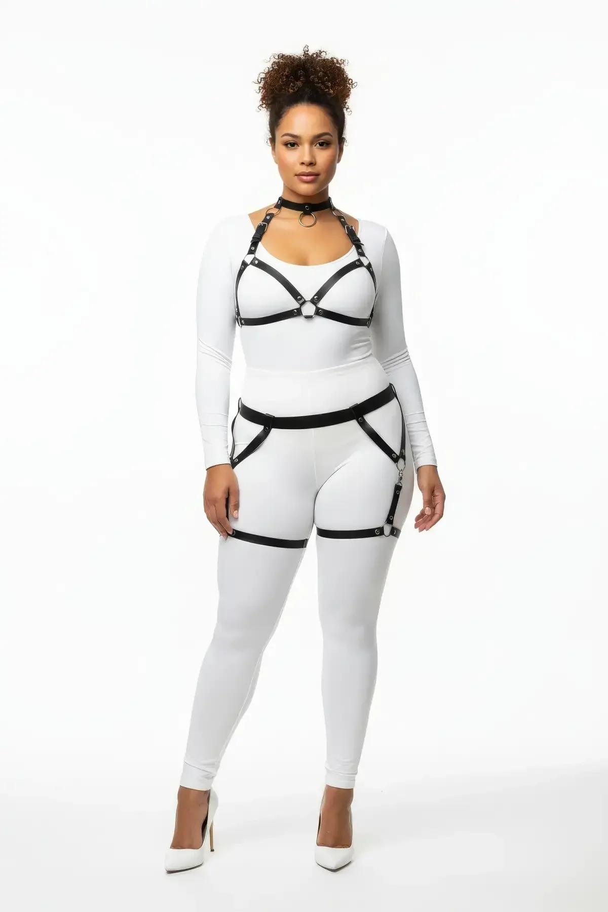 Black Caged Body Harness Set with Garter Thigh Straps