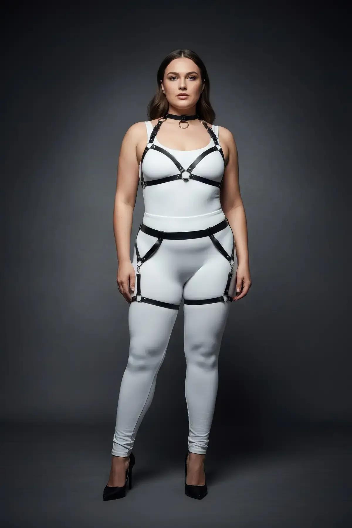 Black Caged Body Harness Set with Garter Thigh Straps