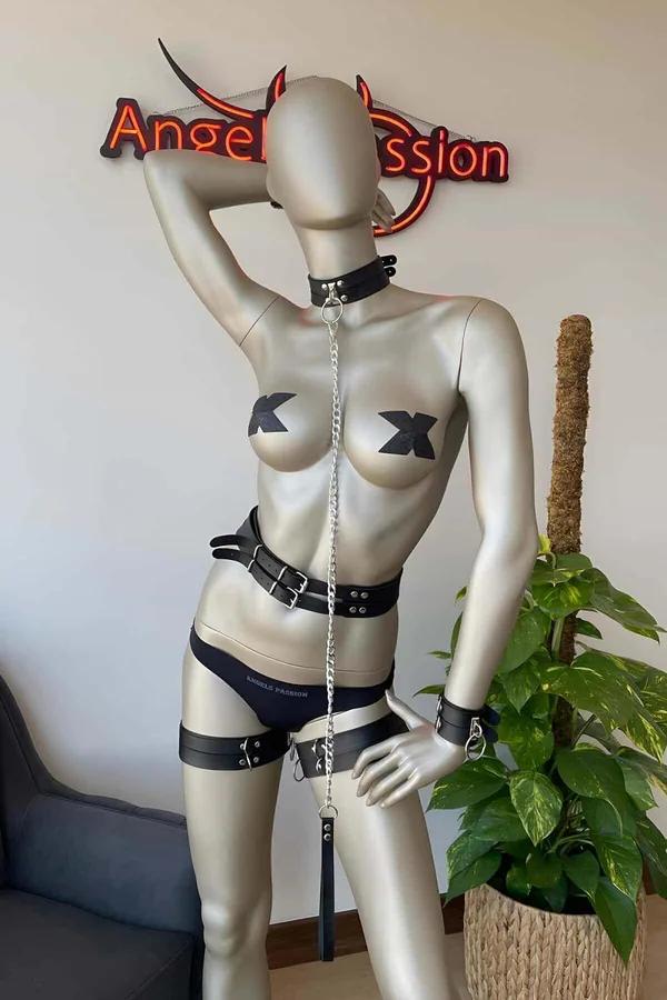 Black Full Body Harness Set with Garter & Wrist Cuffs