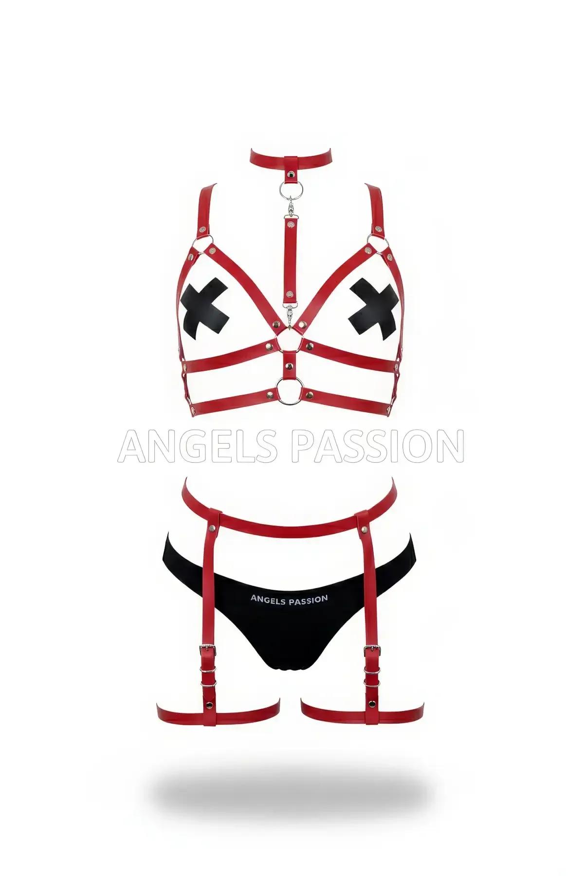Red Faux Leather Caged Harness Bra and Garter Set