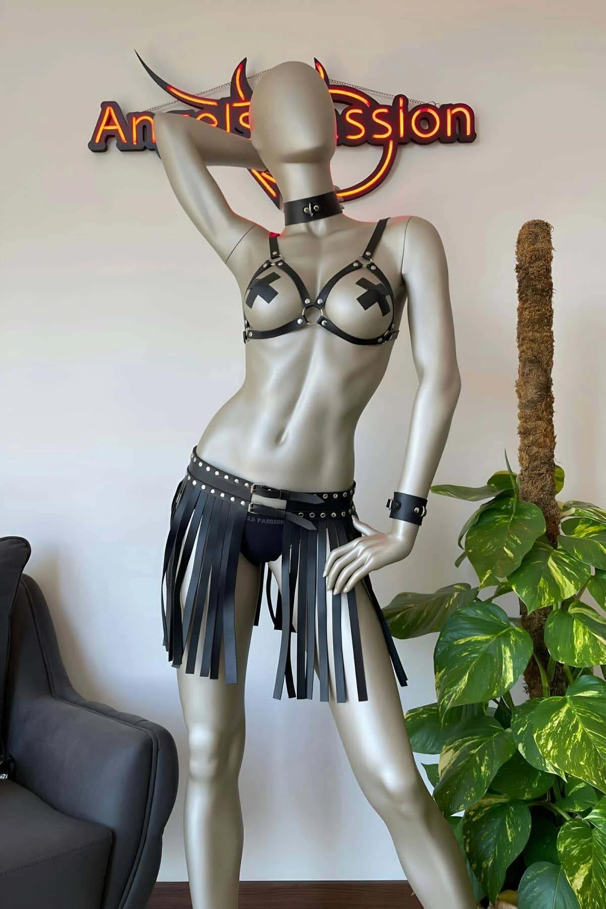 Faux Leather Harness Bra & Choker with Fringe Skirt Set