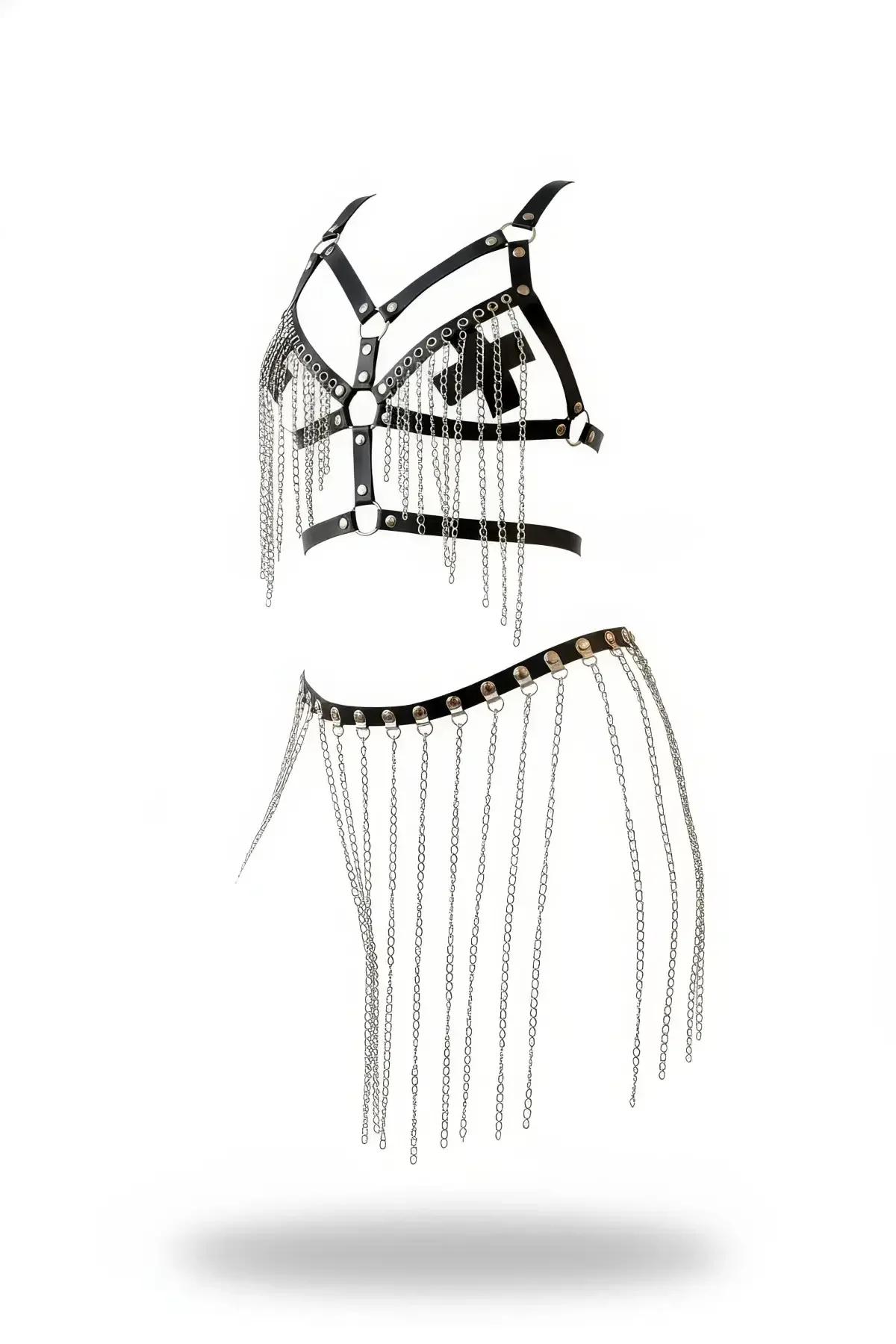 Faux Leather Caged Harness Bra & Draped Chain Skirt Set