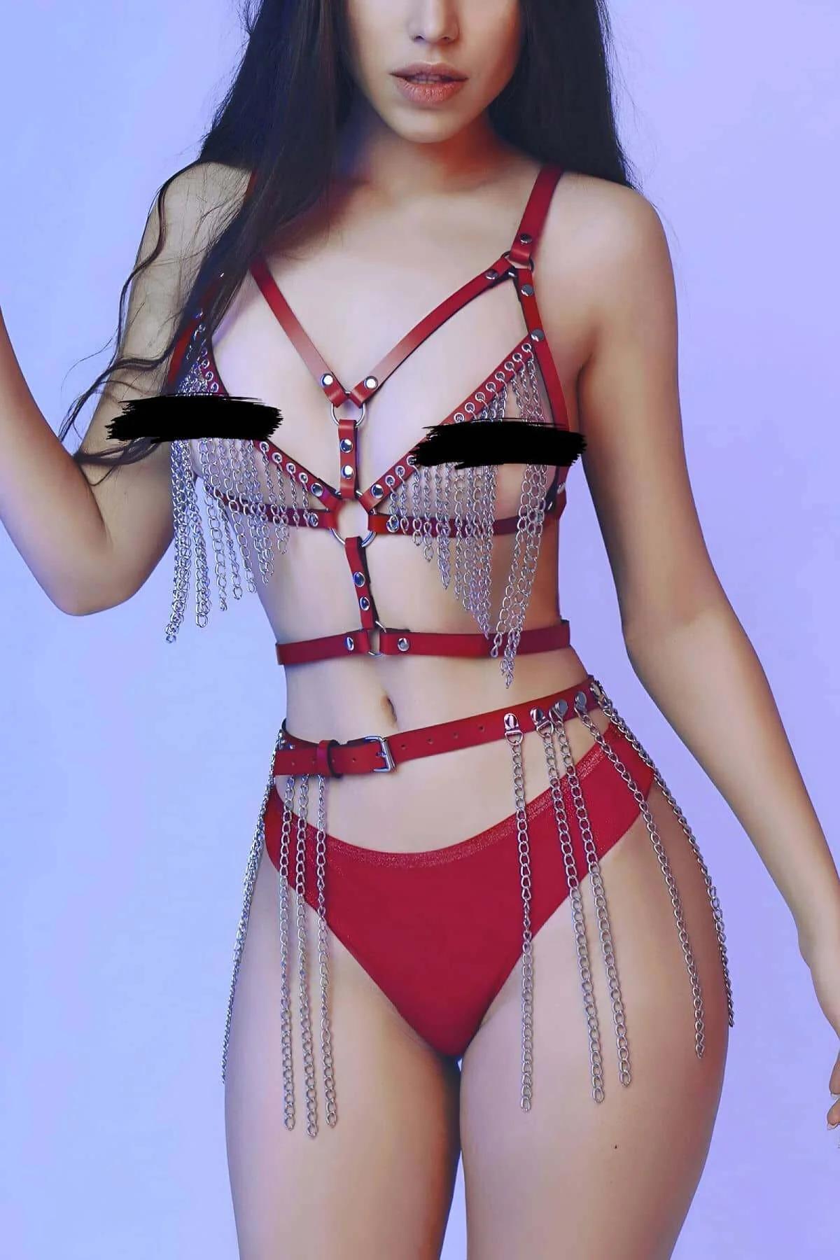 Red Faux Leather Body Harness with Draped Chains