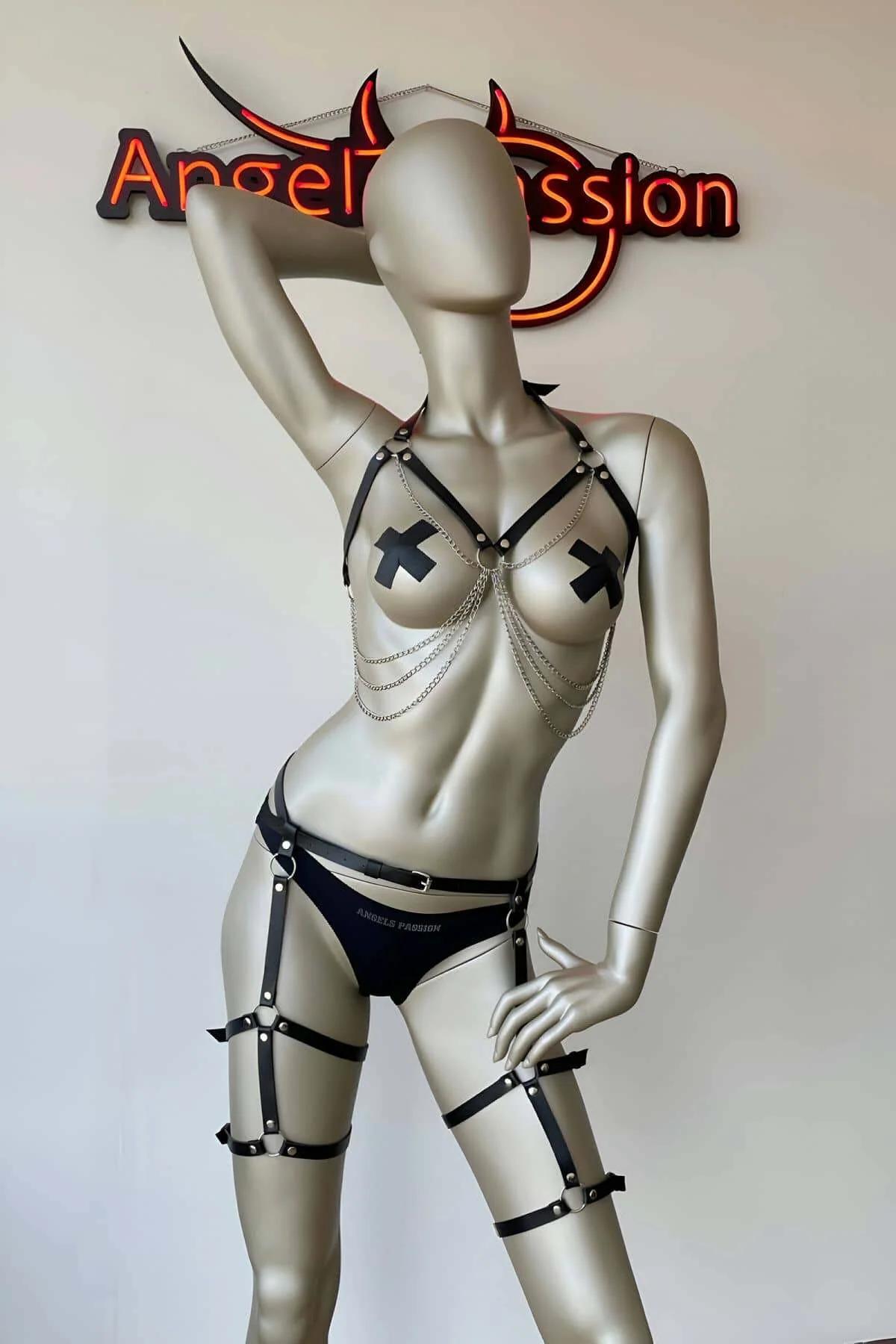 Faux Leather Full Body Harness with Chest Chains & Garters