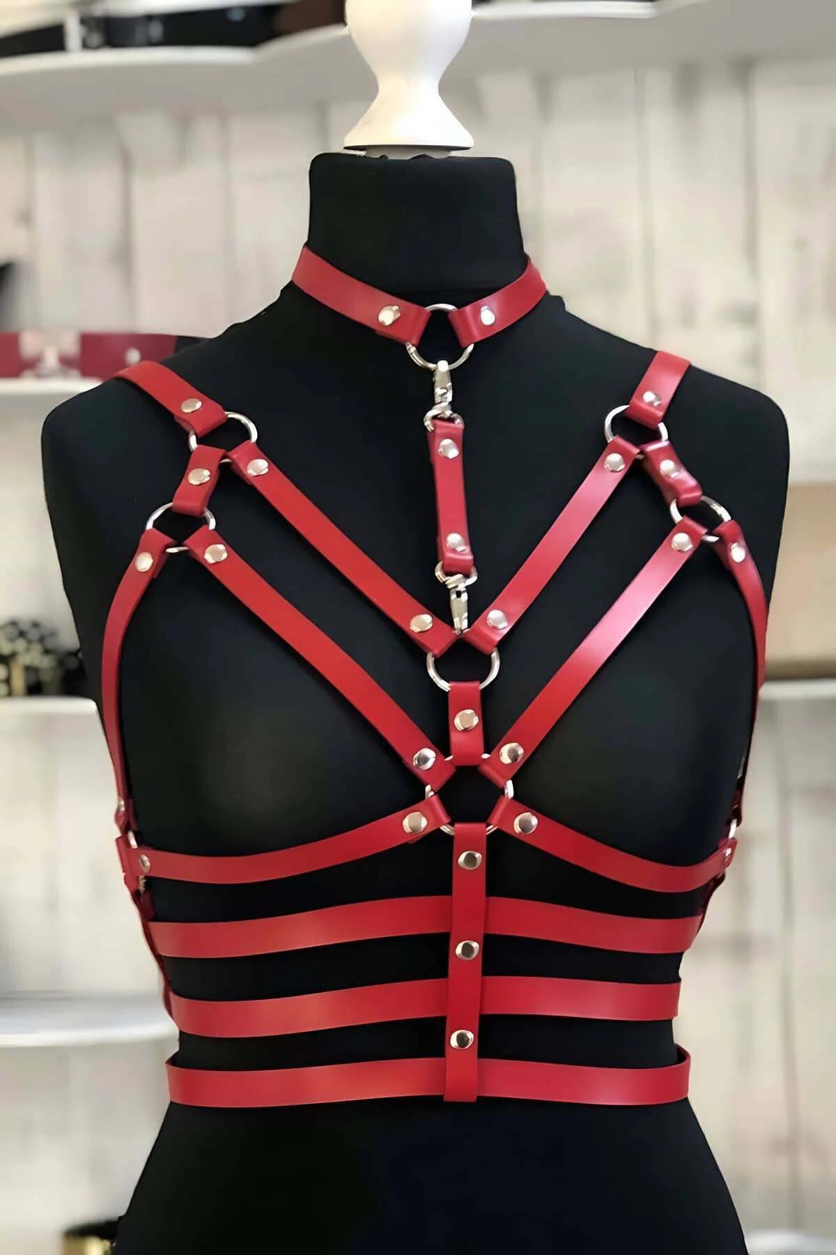 Red Faux Leather Harness with Detachable Choker