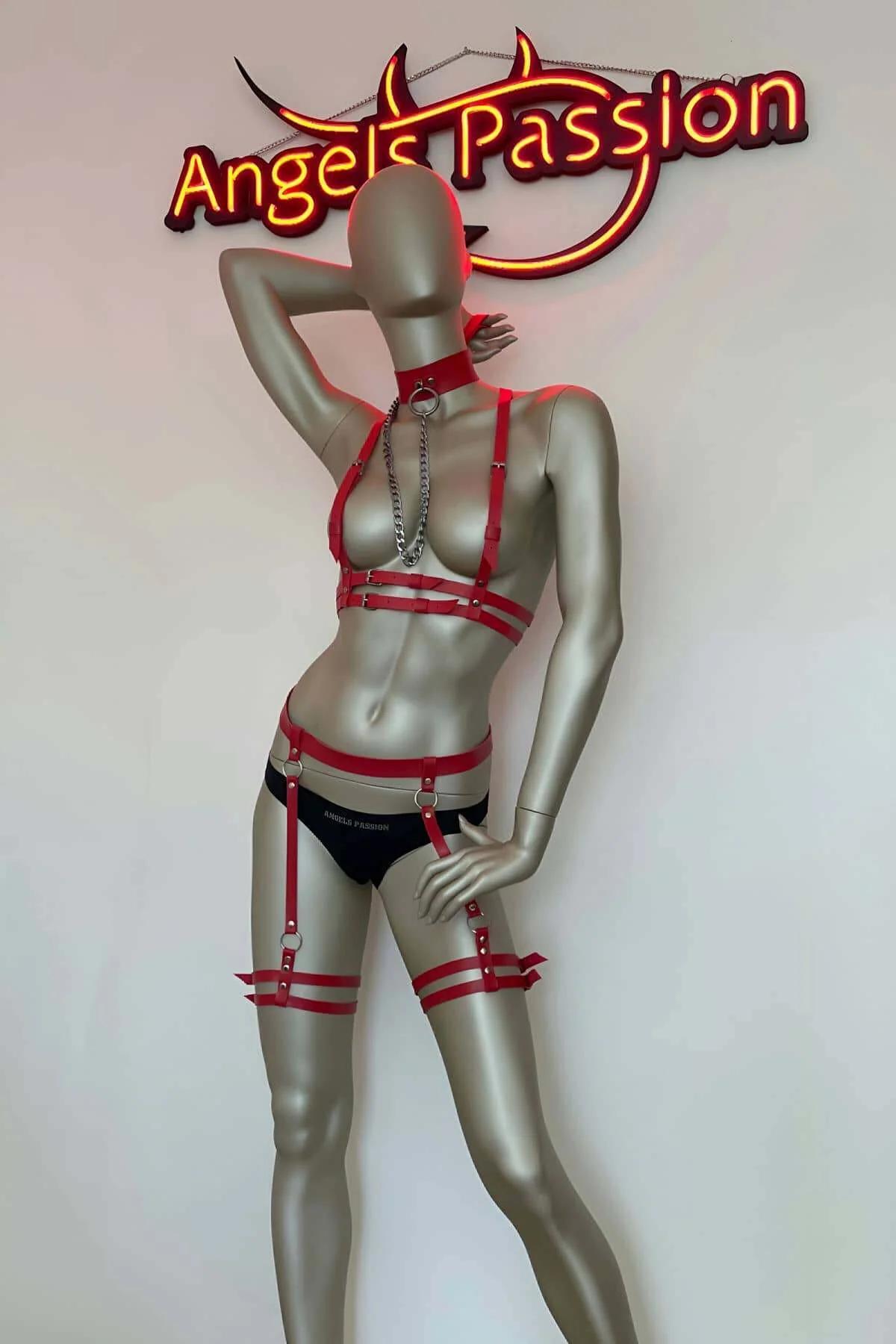 Red Vegan Leather Full Body Harness with Garter Set