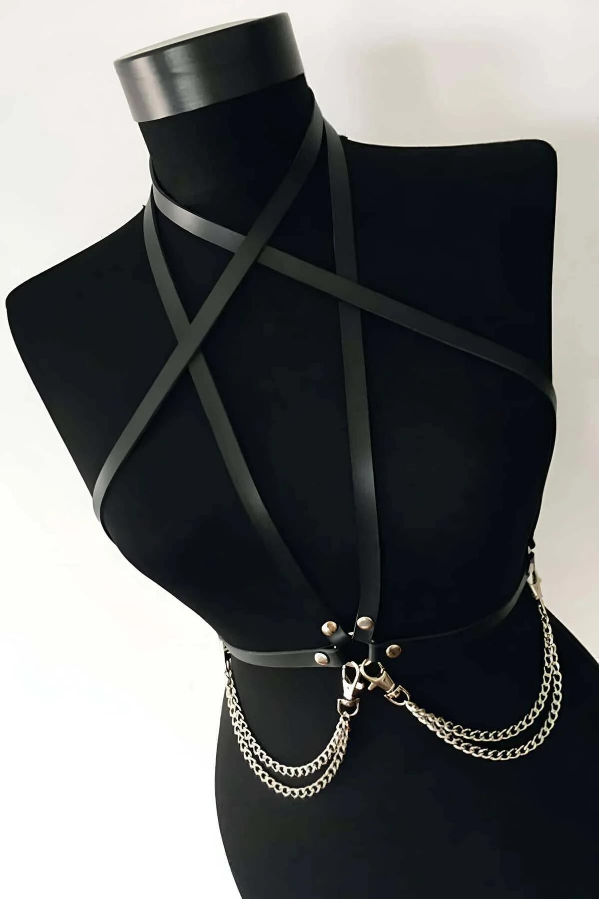 Black Faux Leather Full Body Harness with Chains