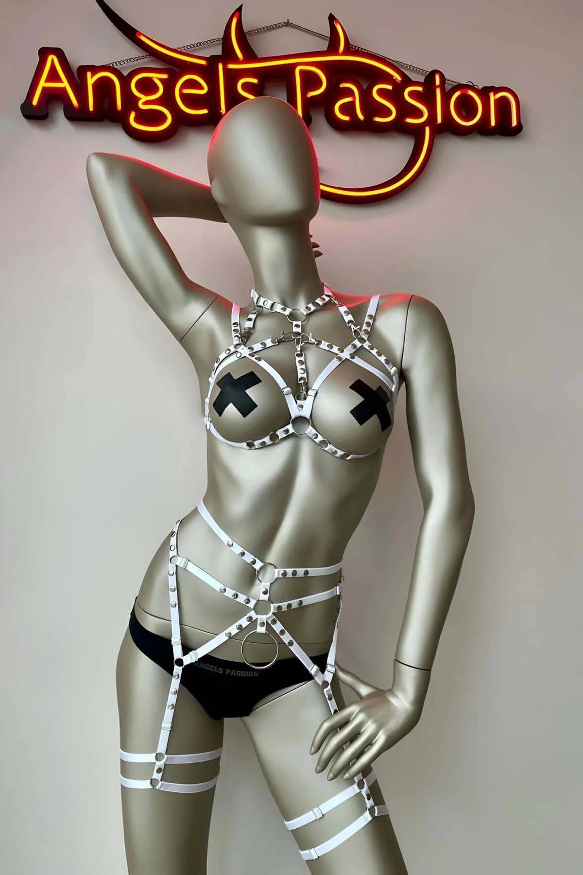 White Studded Full Body Harness Lingerie Set