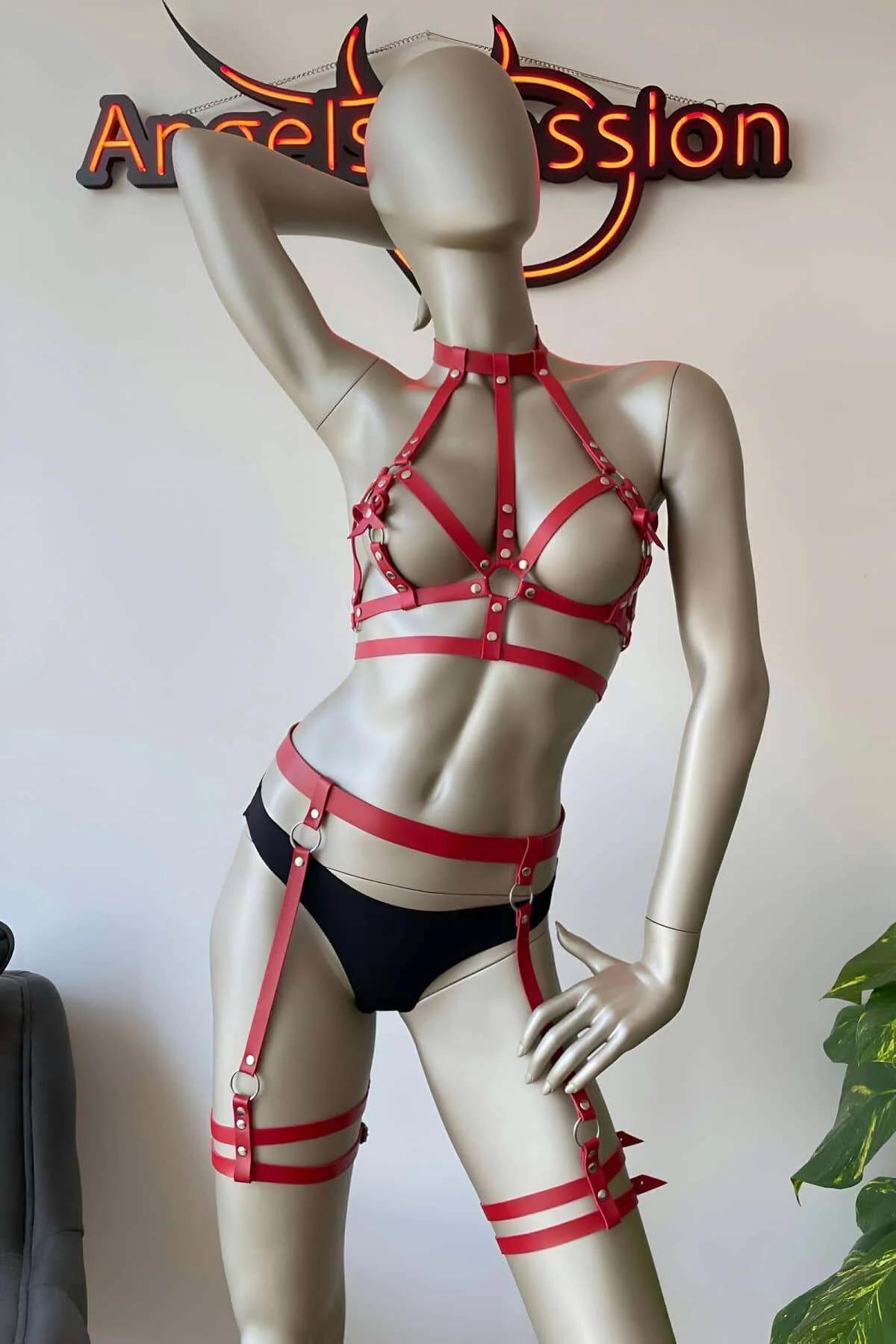 Adjustable Red Faux Leather Body & Thigh Harness Set