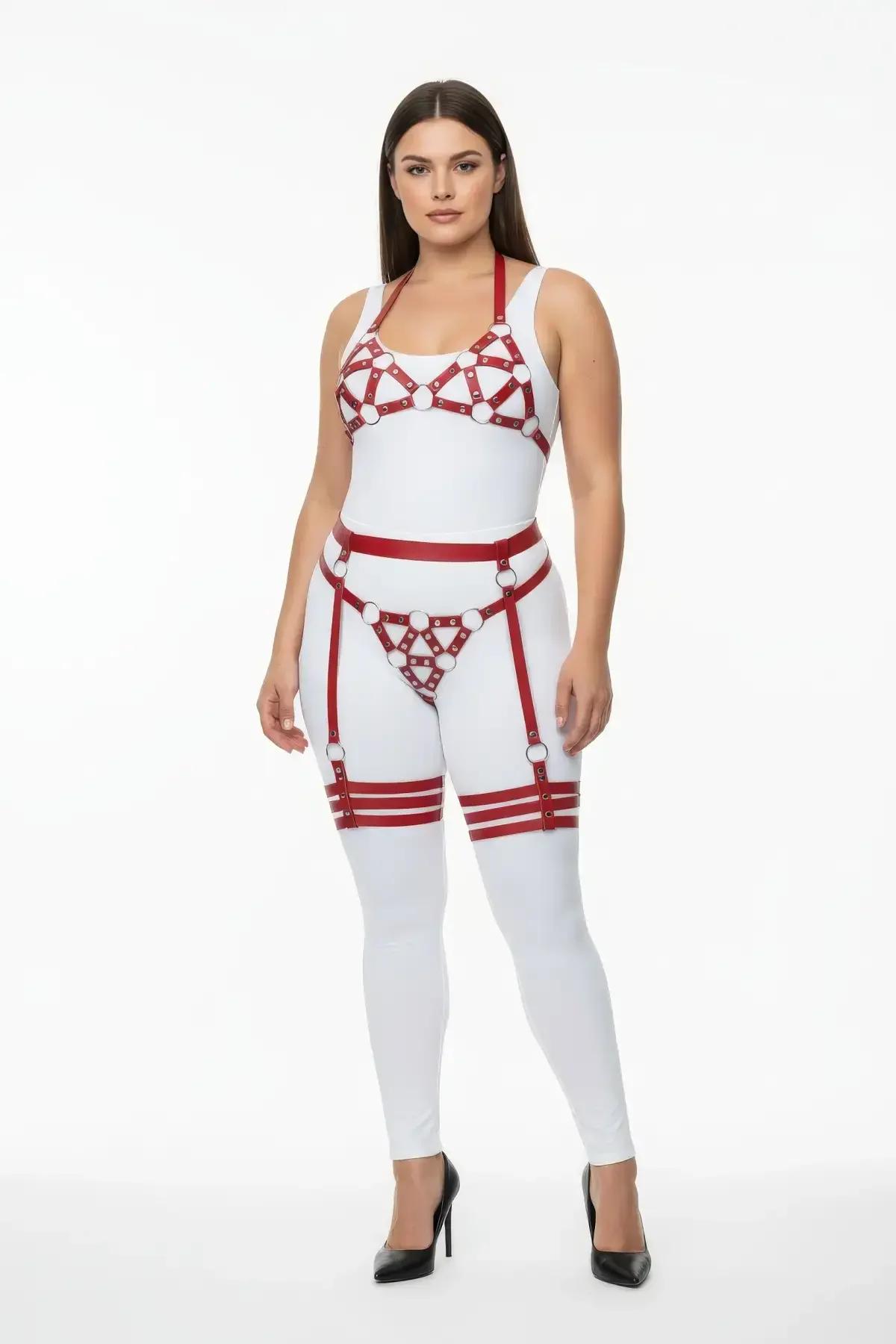 Red O-Ring Vegan Leather Bra, Waist, & Thigh Harness Set