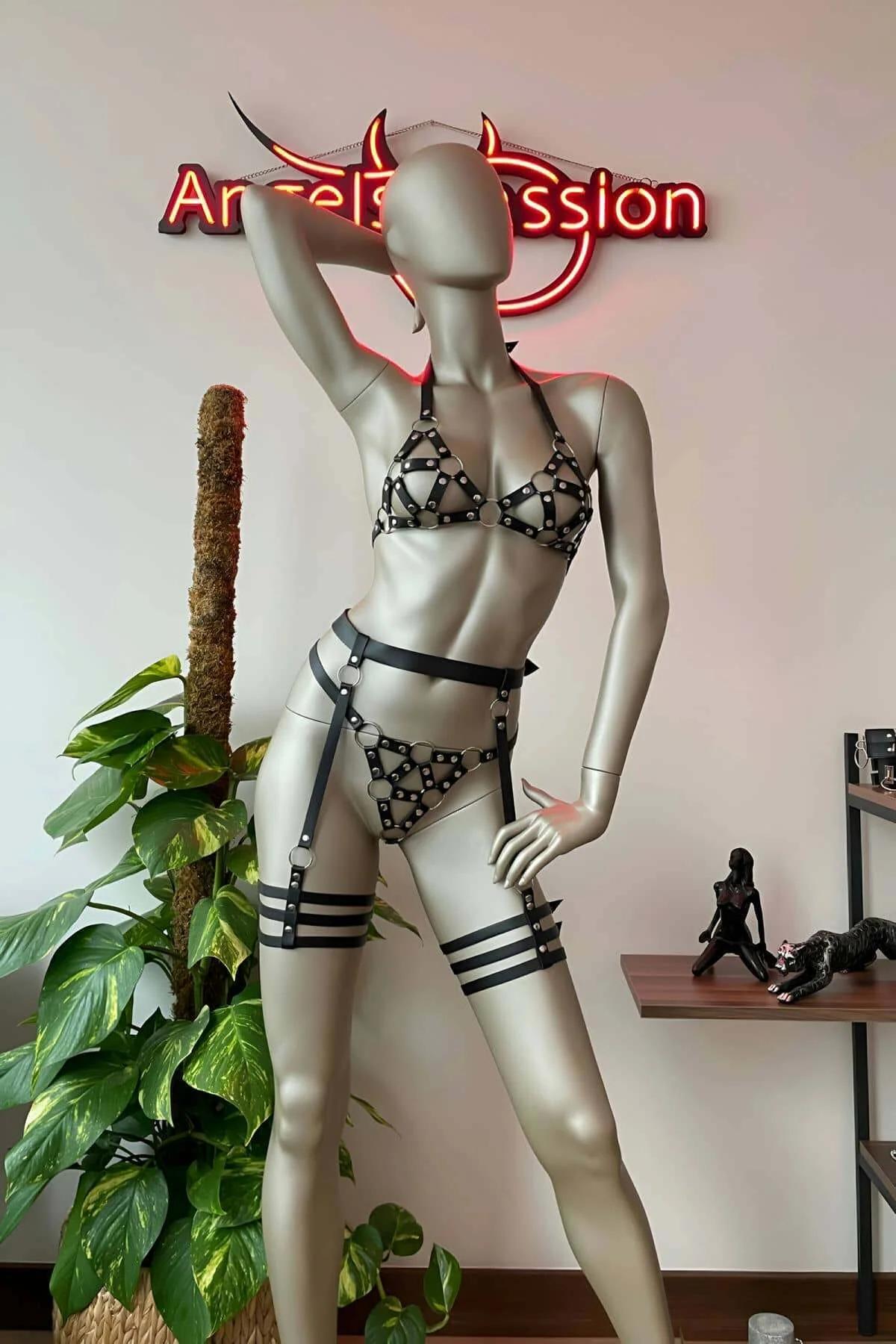 Faux Leather Cage Bra Harness with Garter Straps