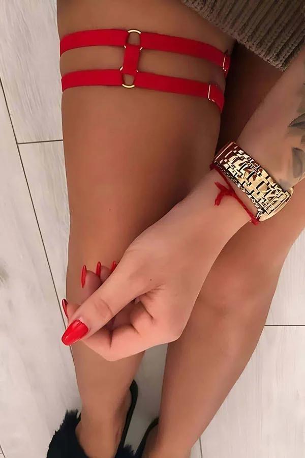 Red Elastic Thigh Harness with Gold O-Rings
