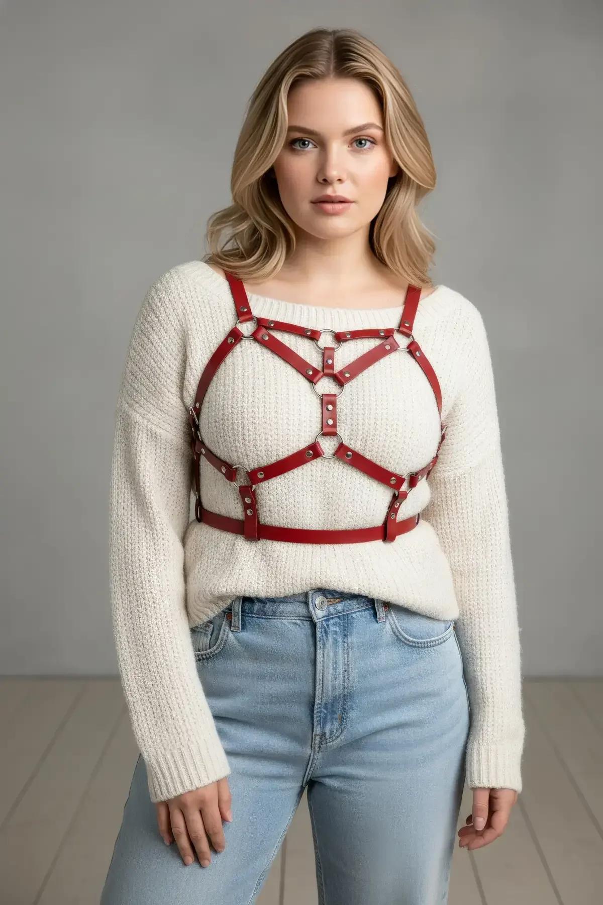 Red Faux Leather Chest Harness with O-Ring Details