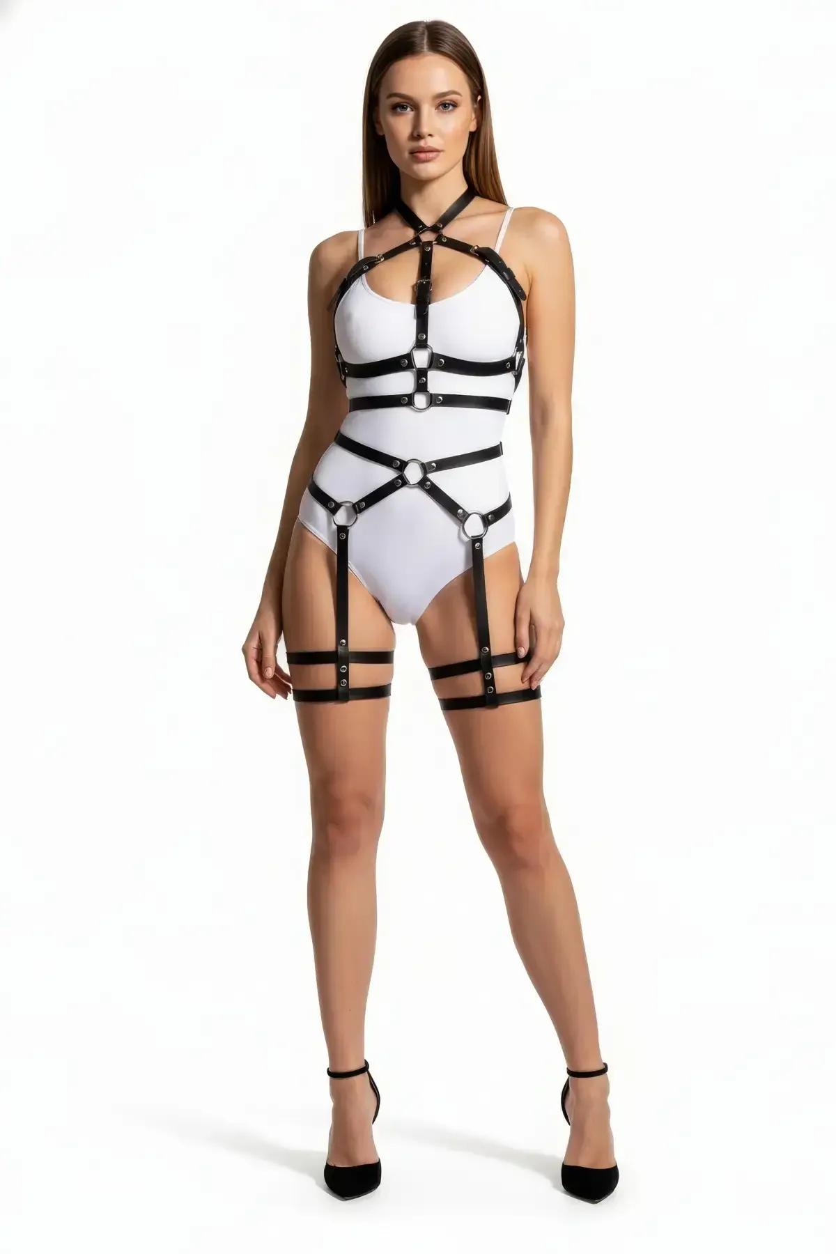 Black Full Body Harness with O-Rings & Leg Garters