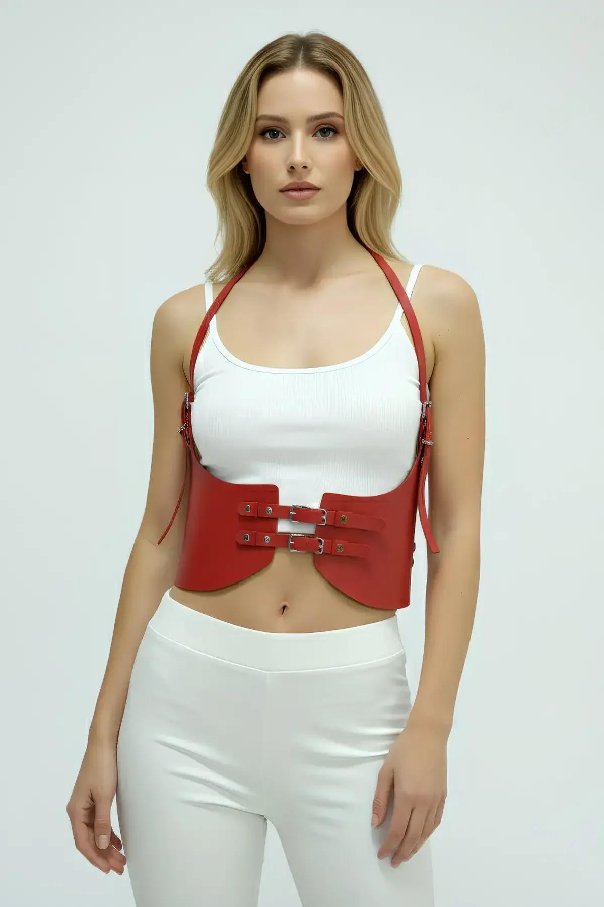 Red Faux Leather Underbust Harness with Strap Details