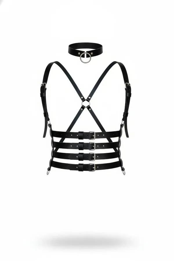 Multi-Strap Buckled Chest Harness with Matching O-Ring Choker