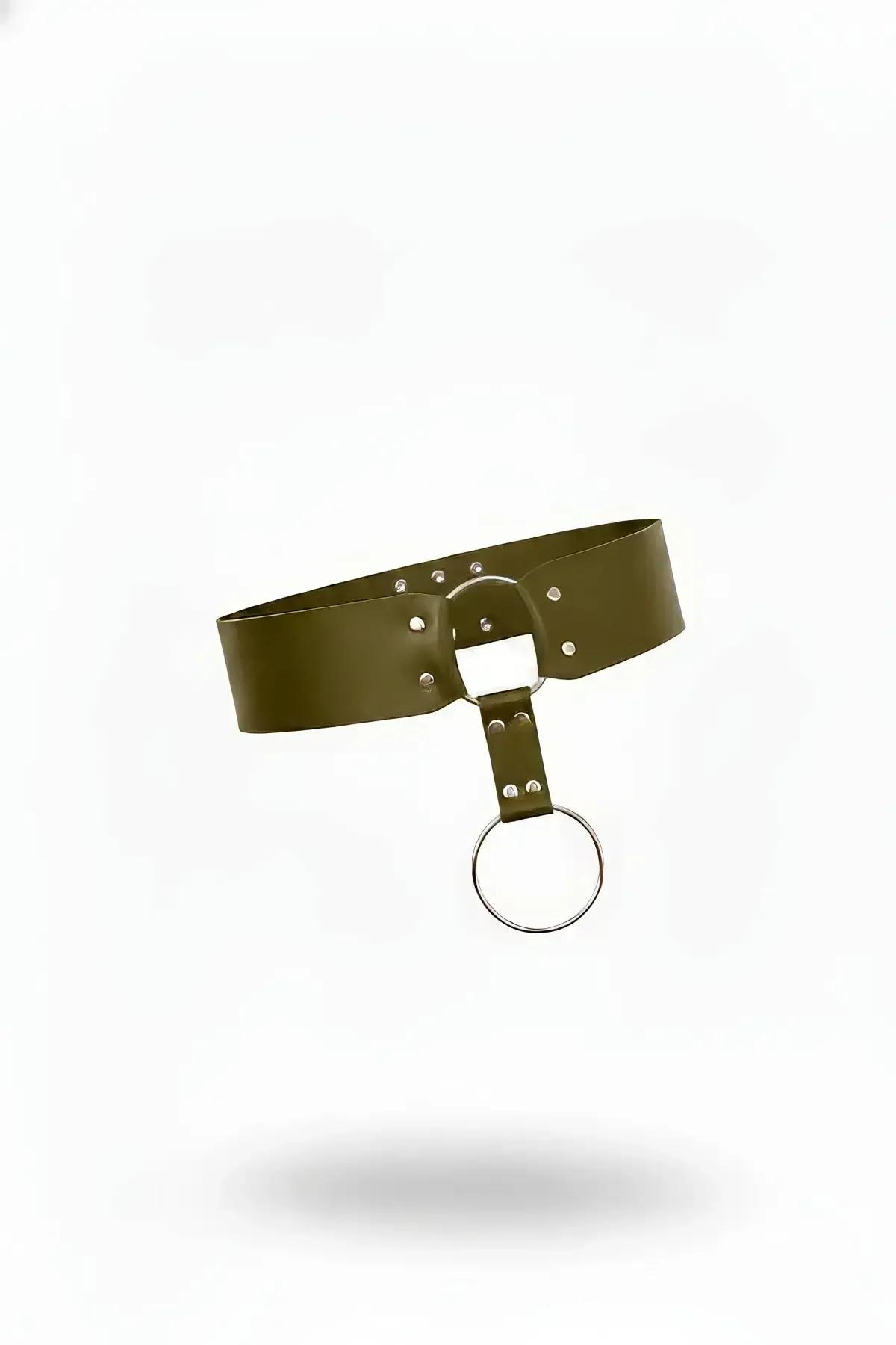 Wide Khaki Vegan Leather O-Ring Waist Harness