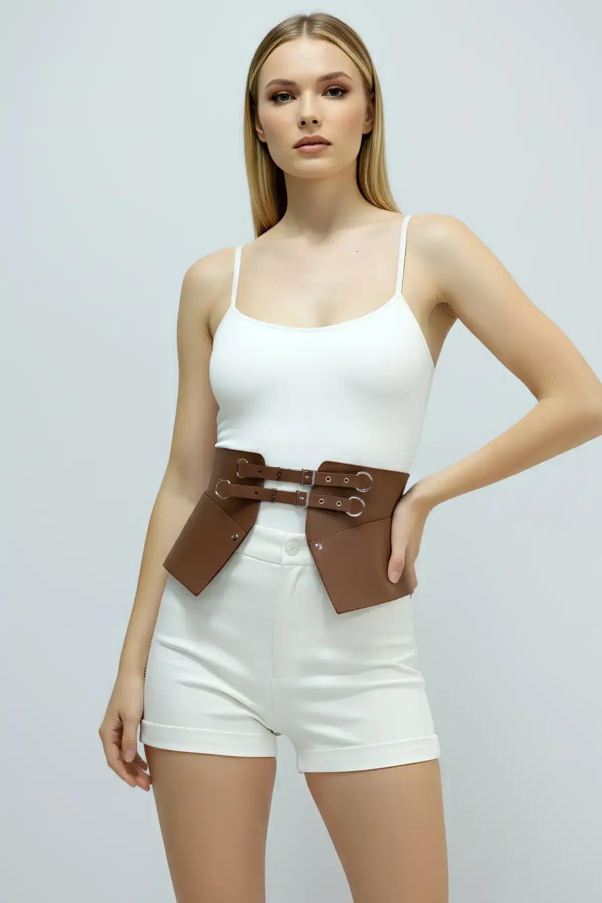 Faux Leather Waspie Waist Harness with Double Buckles
