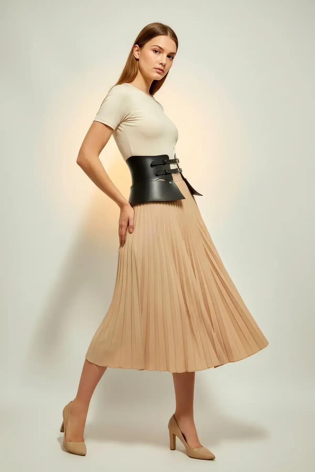 Wide Faux Leather Corset Belt with Decorative Studs