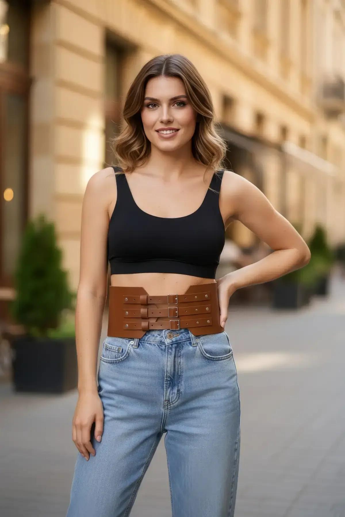 Tan Triple Buckle Waspie Waist Belt