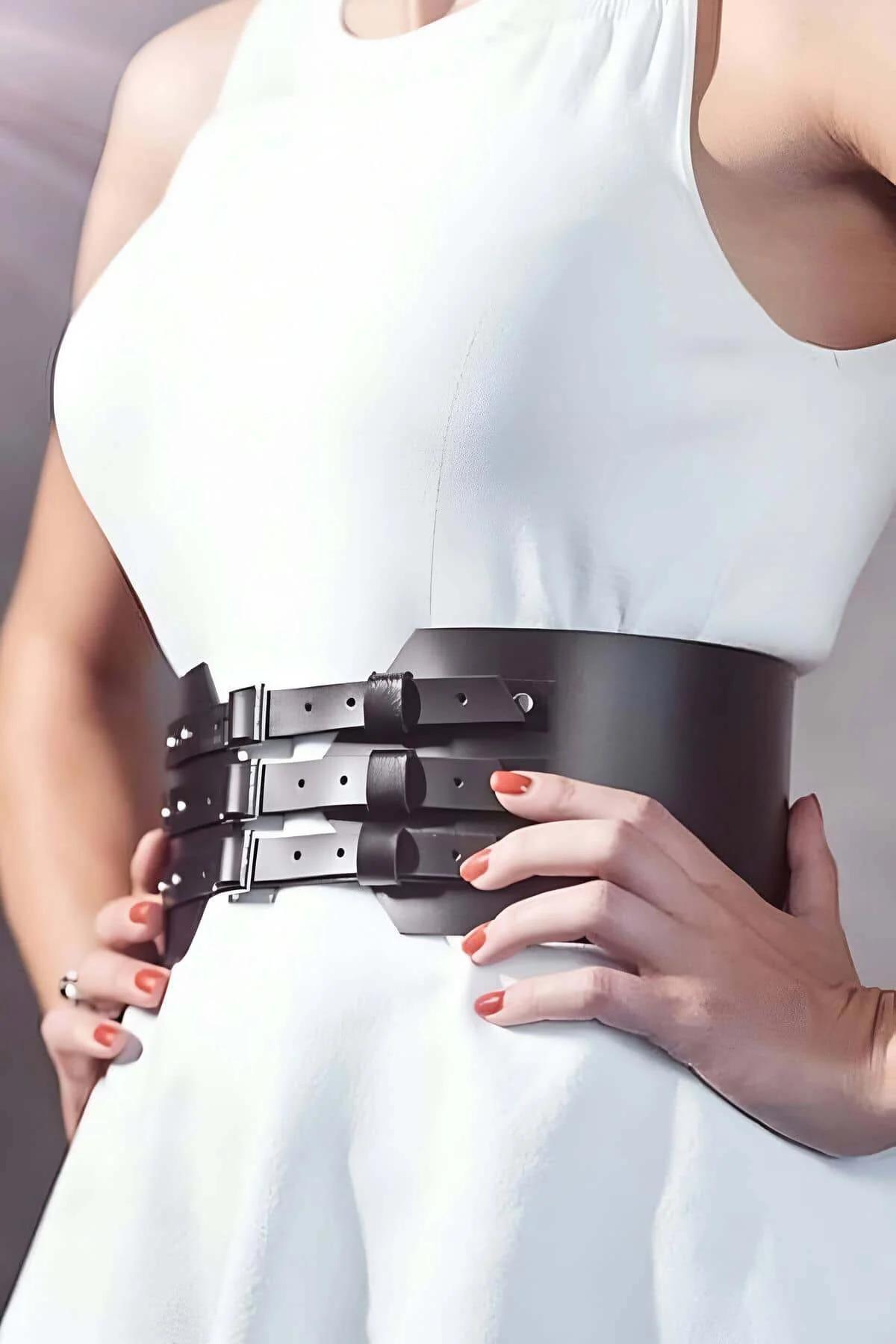 Wide Faux Leather Corset Belt with Triple Buckle