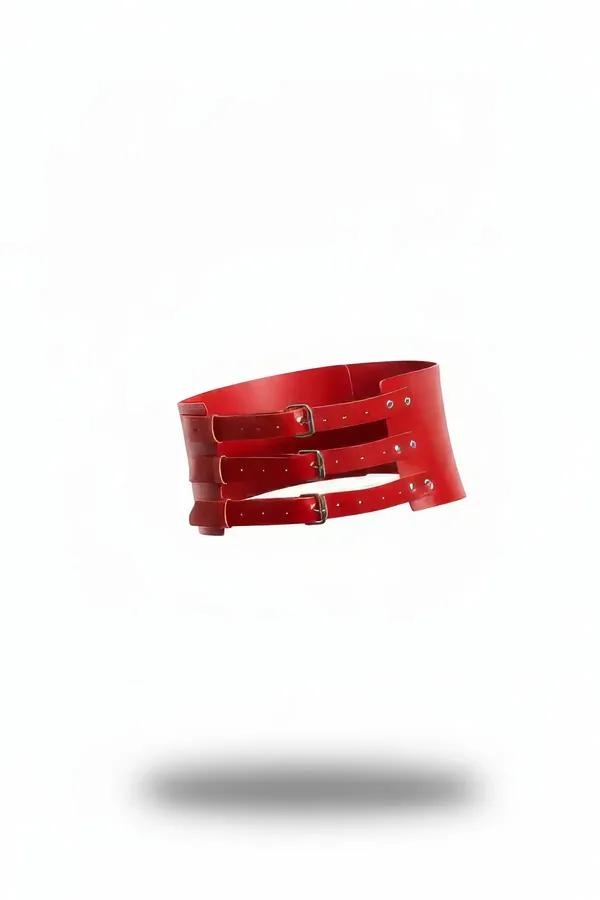 Red Wide Faux Leather Waist Harness with Triple Buckles
