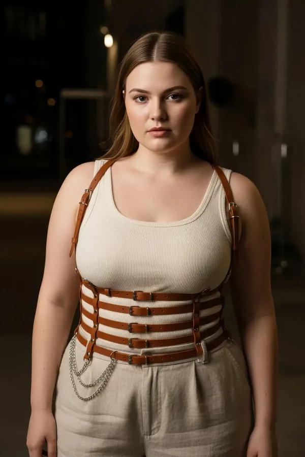 Tan Faux Leather Corset Body Harness with Chain