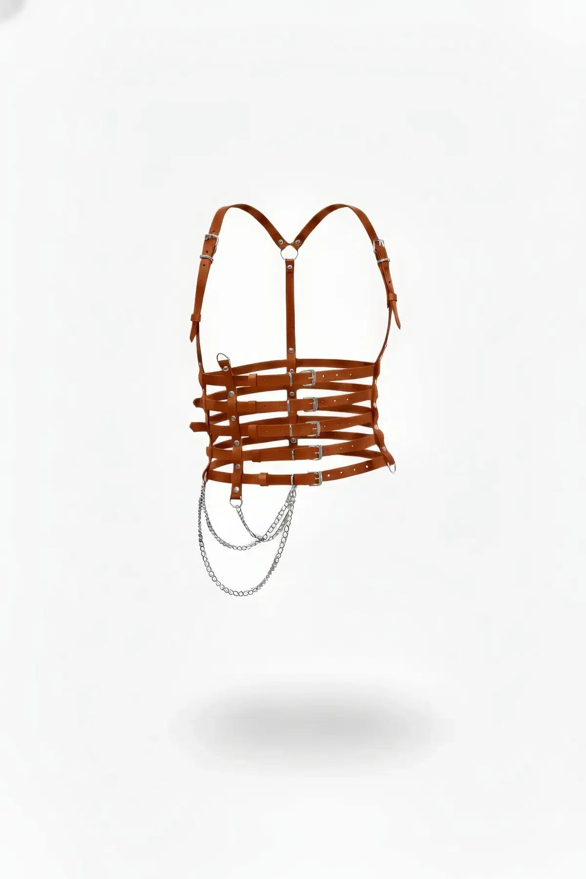 Multi-Strap Faux Leather Body Harness with Silver Chain Detail