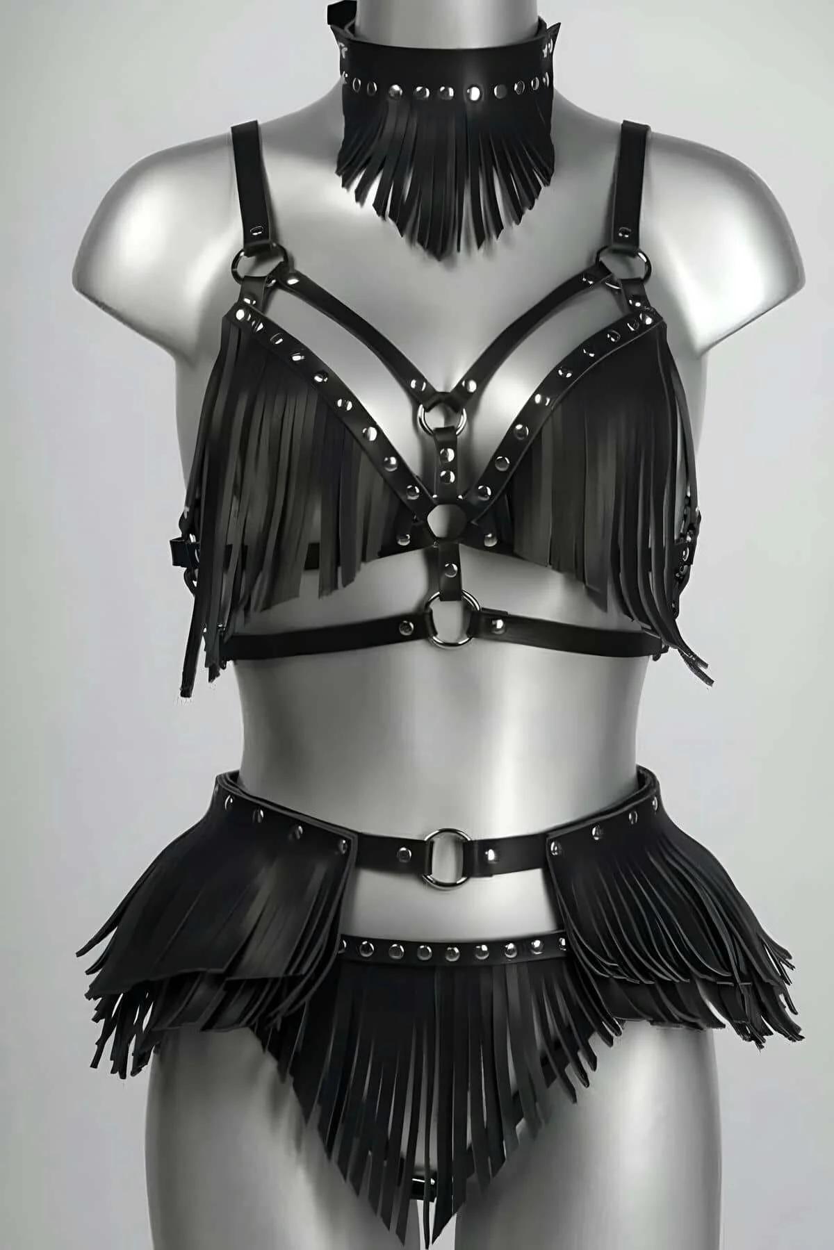 Fringed Bustier Harness Set with Studded Skirt & Choker