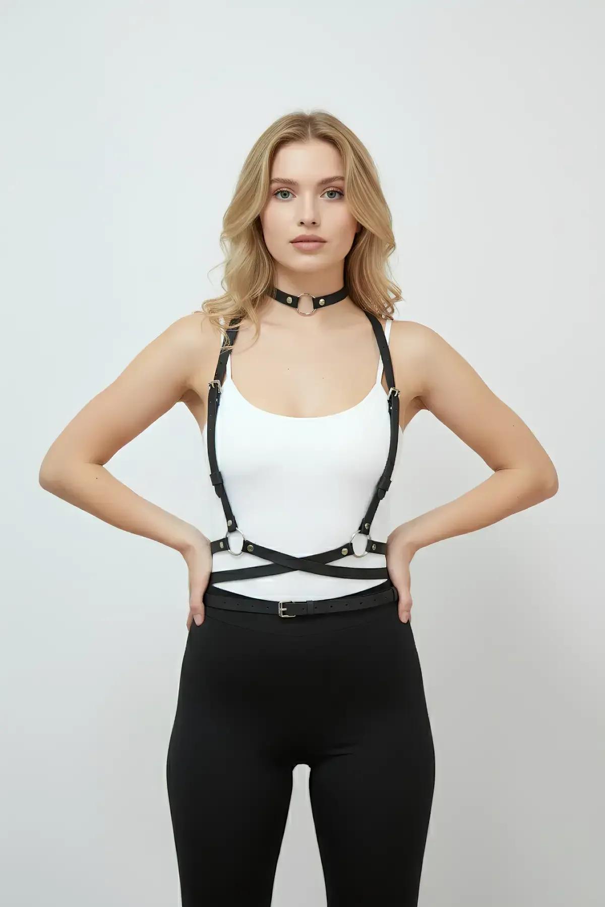 Black Faux Leather Body Harness with Choker Set