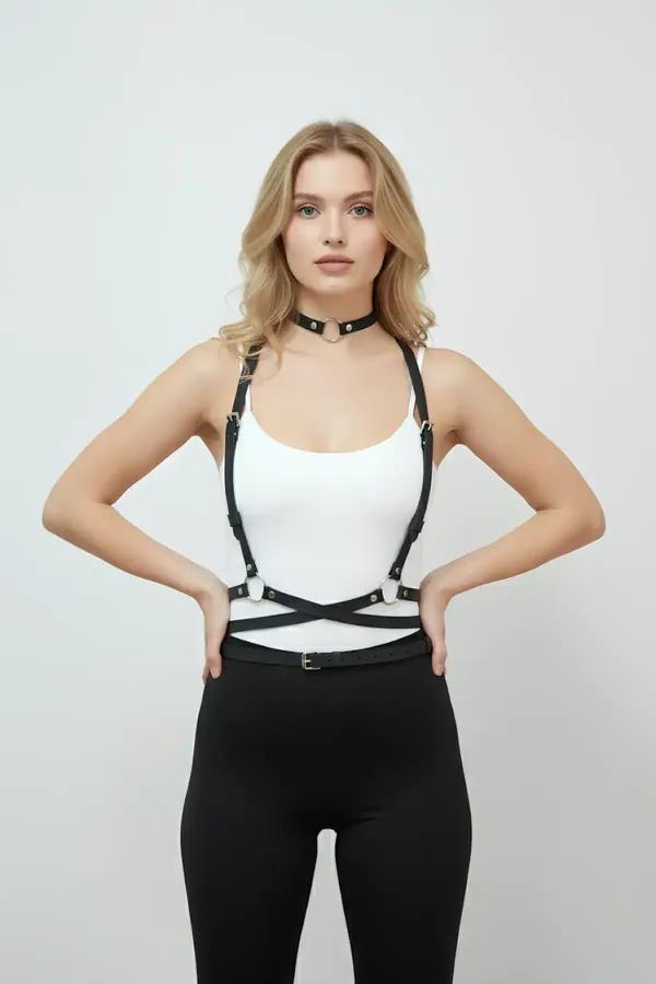 Adjustable Faux Leather Chest Harness and Choker Set