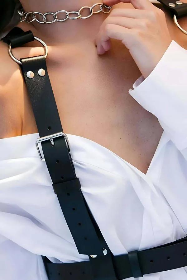 Adjustable Faux Leather Chest Harness with Choker & O-Rings