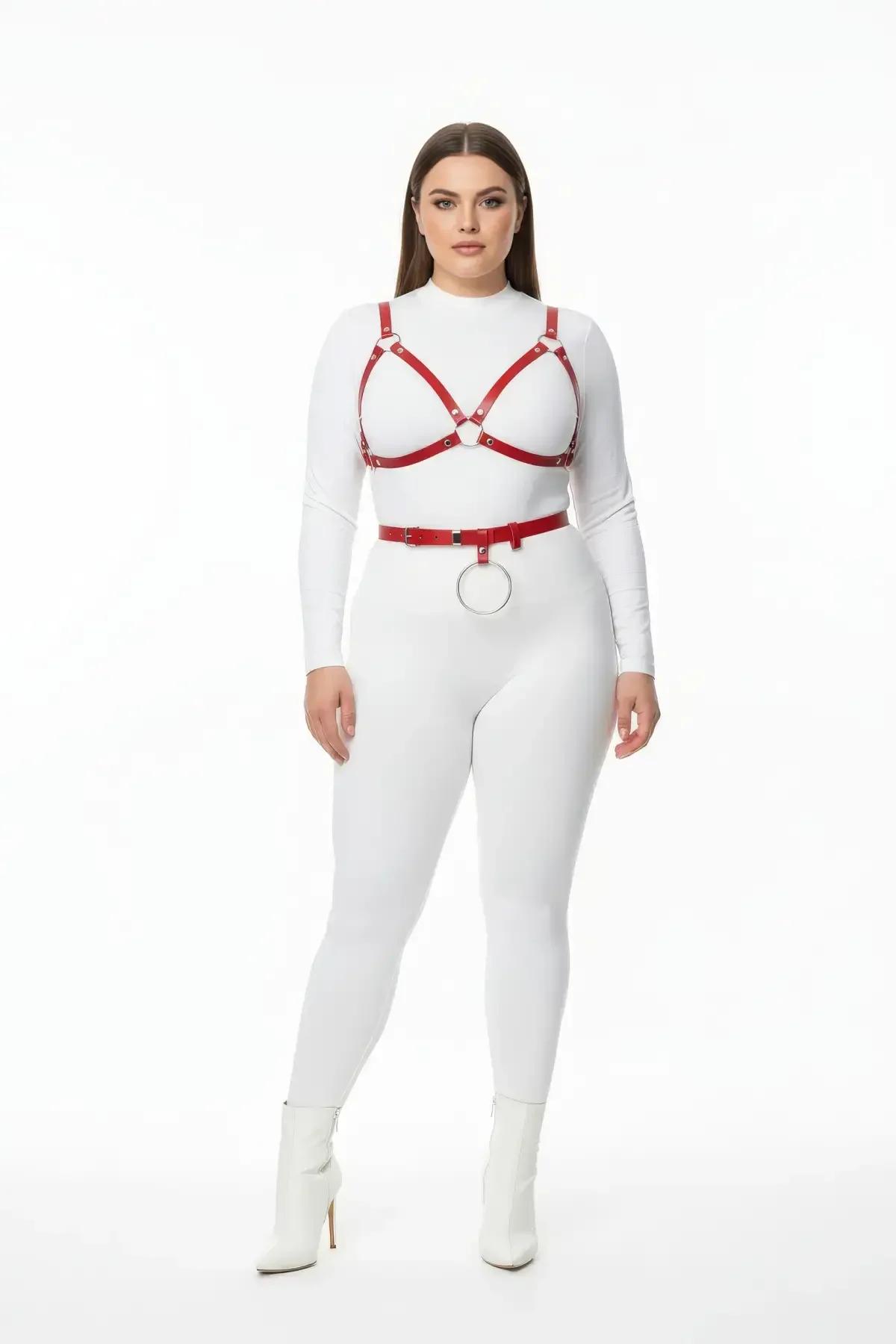 Red Vegan Leather Chest Harness and Waist Belt Set