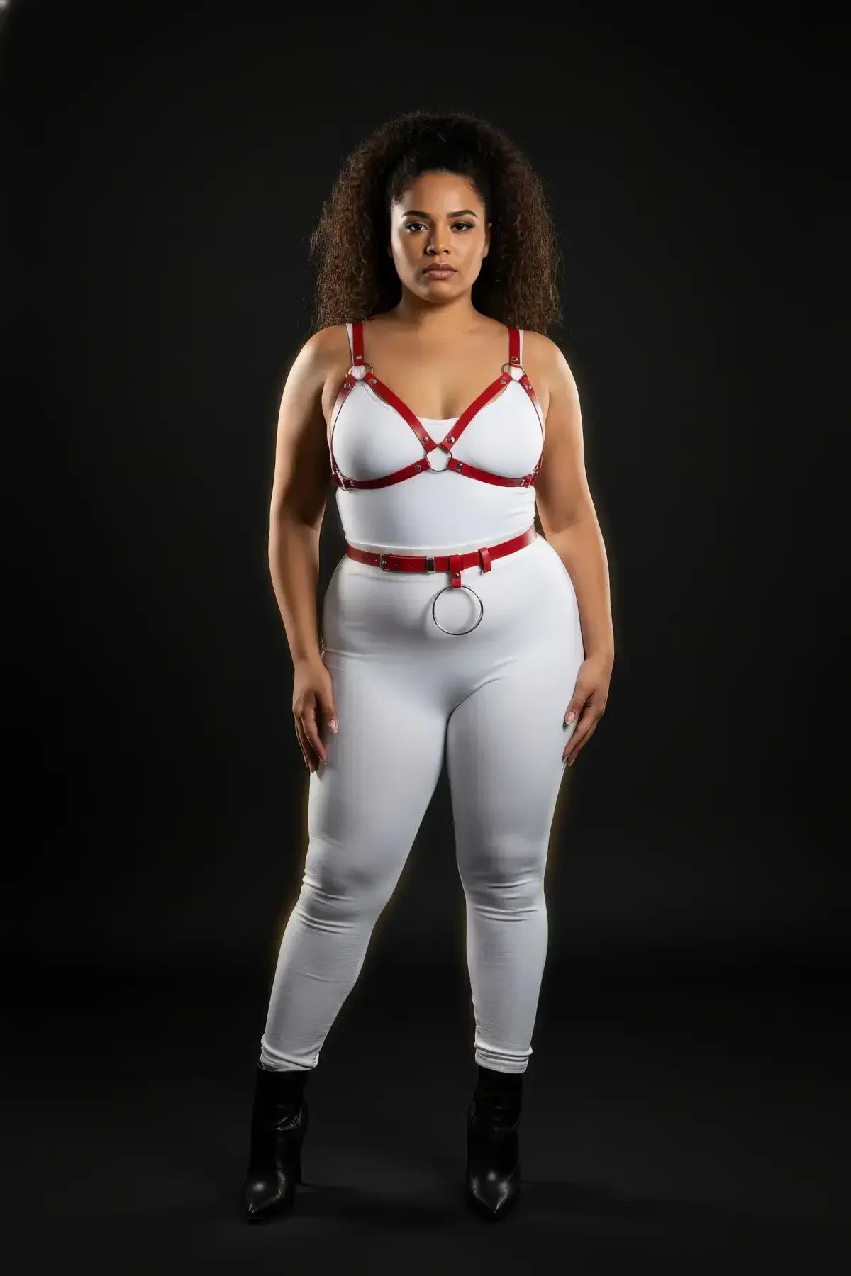 Red Vegan Leather Chest Harness and Waist Belt Set