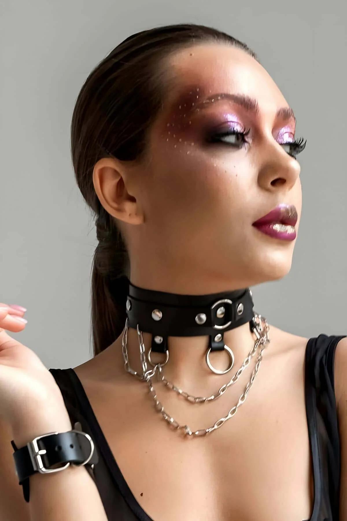 Faux Leather Choker Necklace with Chain and O-Ring