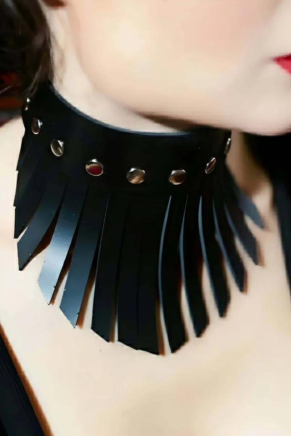 Fringe Collar Choker with Rivet Accents